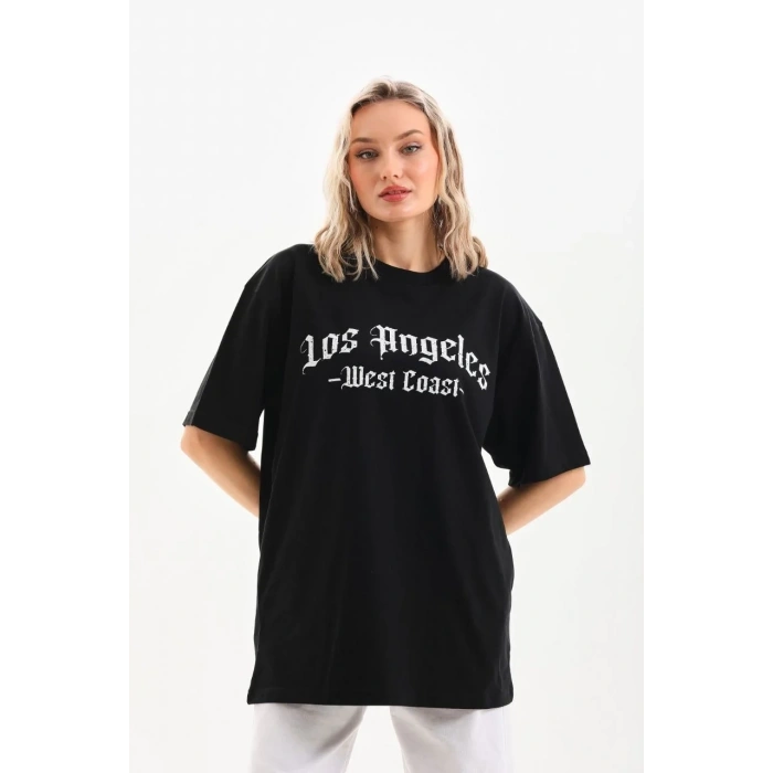 Kadın Baskılı Tişört Kısa Kol Bisiklet Yaka Oversize T-Shirt - Siyah