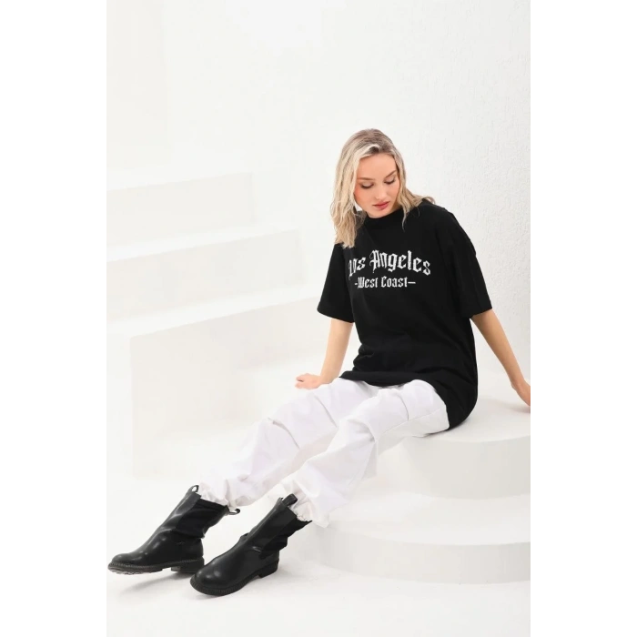 Kadın Baskılı Tişört Kısa Kol Bisiklet Yaka Oversize T-Shirt - Siyah