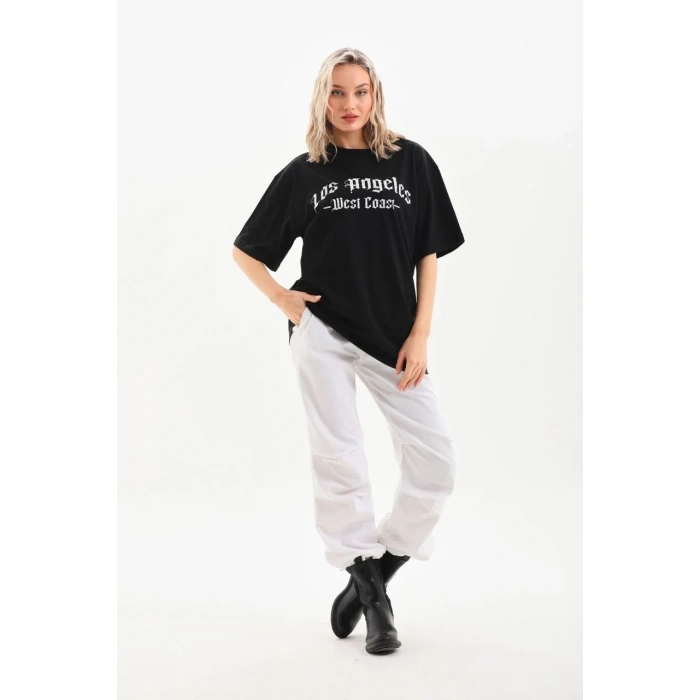 Kadın Baskılı Tişört Kısa Kol Bisiklet Yaka Oversize T-Shirt - Siyah