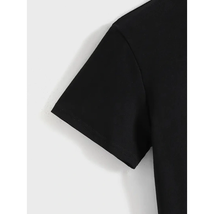 Kadın Baskılı Tişört Kısa Kol Bisiklet Yaka T-shirt - Siyah