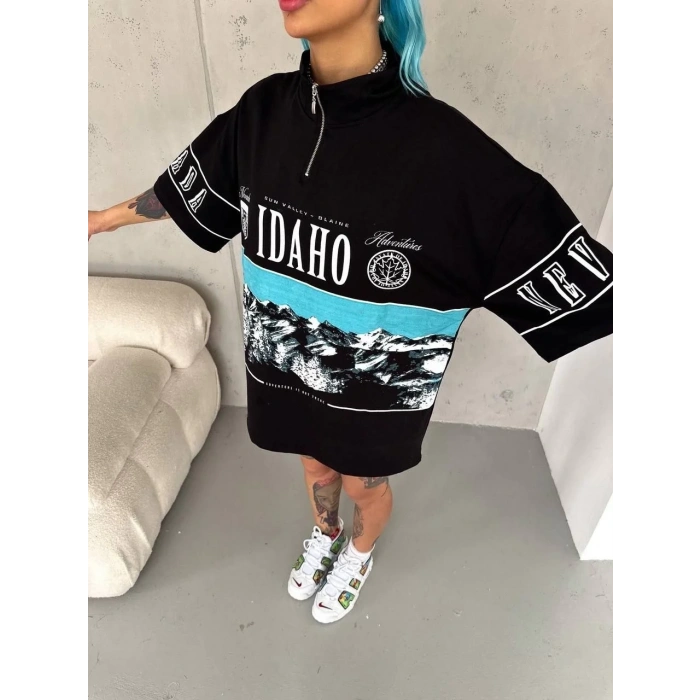 Kadın Baskılı Yarım Fermuarlı Kısa kol T-Shirt - Siyah