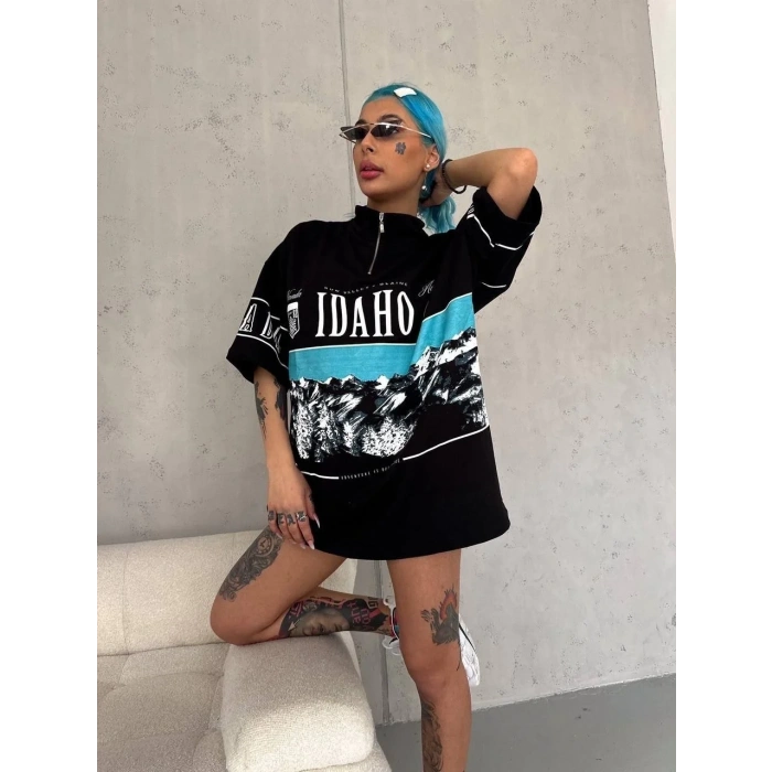 Kadın Baskılı Yarım Fermuarlı Kısa kol T-Shirt - Siyah