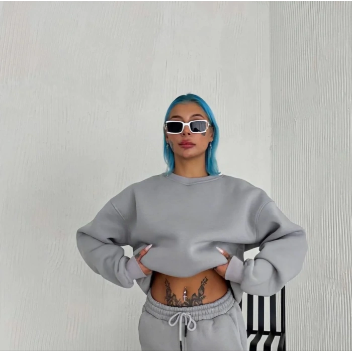 Kadın Bisiklet Yaka 3 İplik Pamuklu Basic SweatShirt - Gri