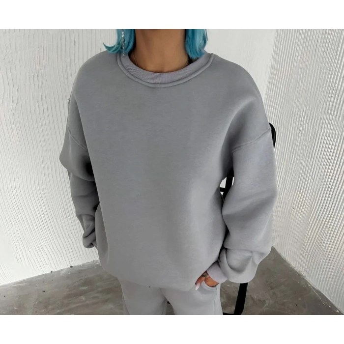 Kadın Bisiklet Yaka 3 İplik Pamuklu Basic SweatShirt - Gri