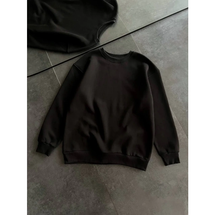 Kadın Bisiklet Yaka 3 İplik Pamuklu Basic SweatShirt - Siyah