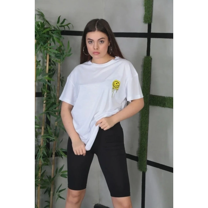 Kadın Bisiklet Yaka Baskılı Kısa kol Oversize T-Shirt - Beyaz