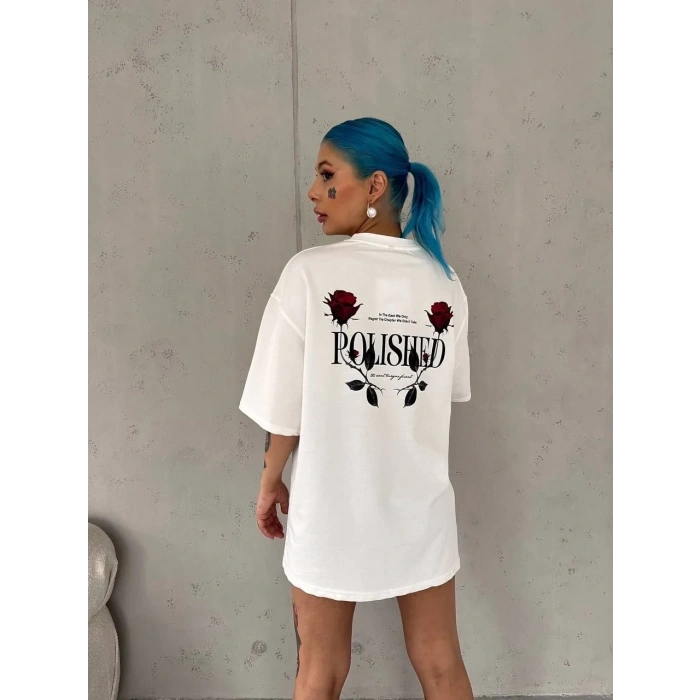 Kadın Bisiklet Yaka Baskılı Kısa kol Oversize T-Shirt - Beyaz