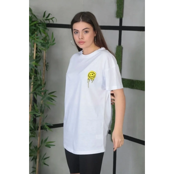 Kadın Bisiklet Yaka Baskılı Kısa kol Oversize T-Shirt - Beyaz