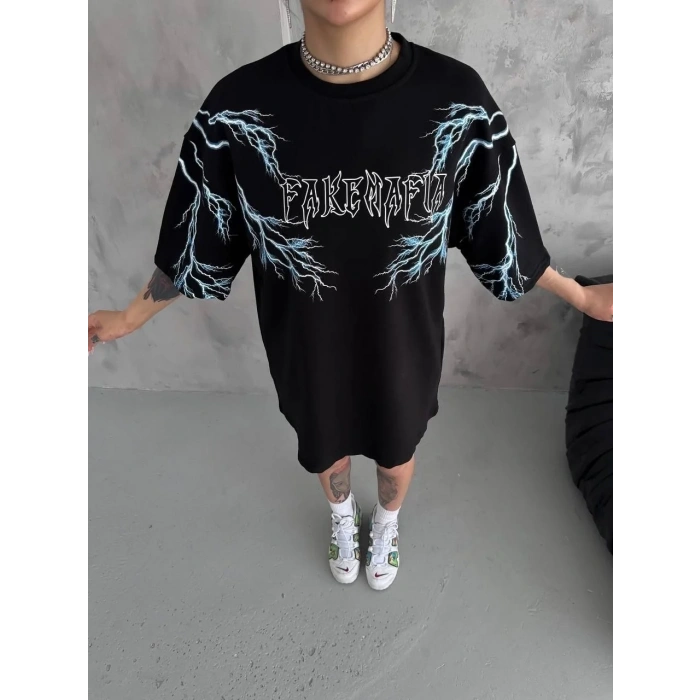 Kadın Bisiklet Yaka Baskılı  Kısa kol Oversize T-Shirt - Siyah