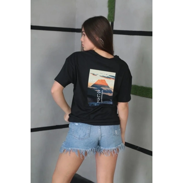 Kadın Bisiklet Yaka Baskılı Kısa kol Oversize T-Shirt - Siyah