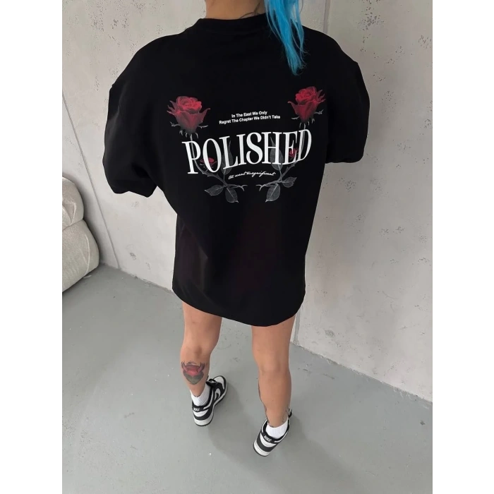 Kadın Bisiklet Yaka Baskılı kısa kol Oversize T-Shirt - Siyah