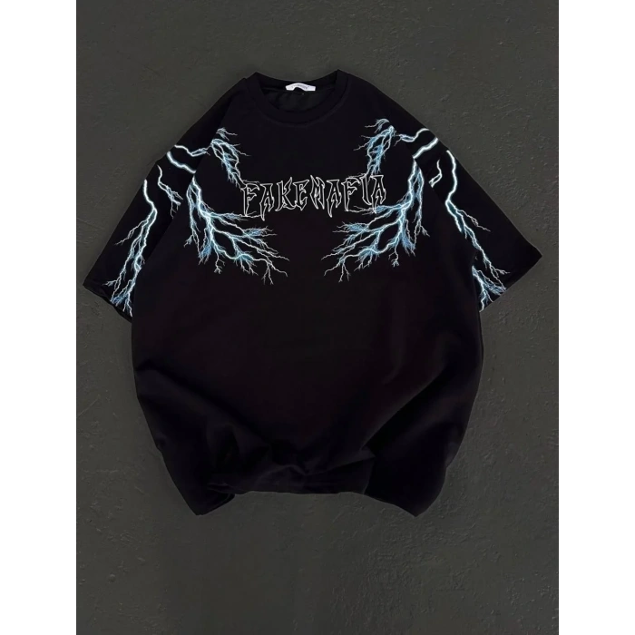 Kadın Bisiklet Yaka Baskılı  Kısa kol Oversize T-Shirt - Siyah