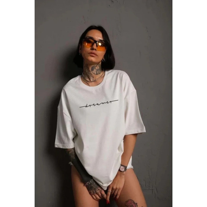 Kadın Bisiklet Yaka Baskılı  Kısa kol T-Shirt - Beyaz
