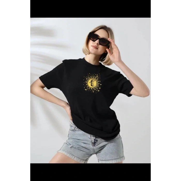 Kadın Bisiklet Yaka Baskılı  Kısa kol T-Shirt - Siyah