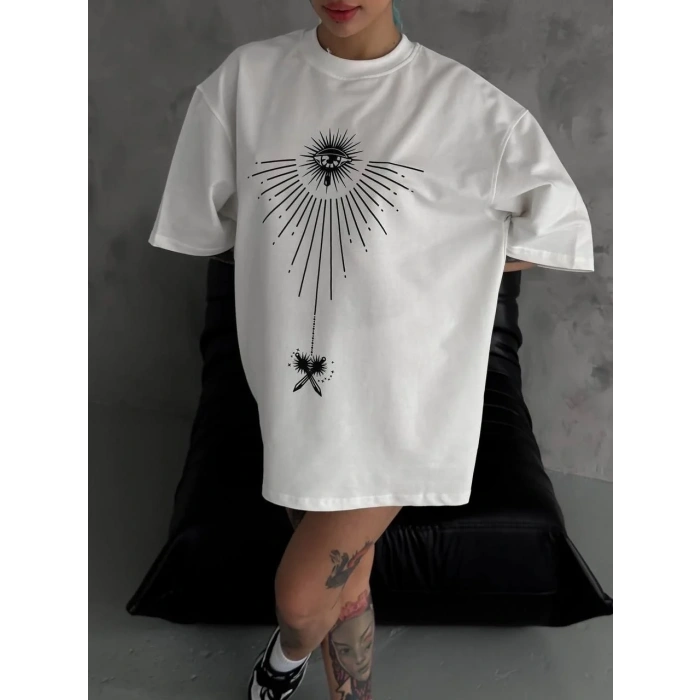 kadın Bisiklet Yaka Baskılı Oversize  Kısa kol T-Shirt - Beyaz