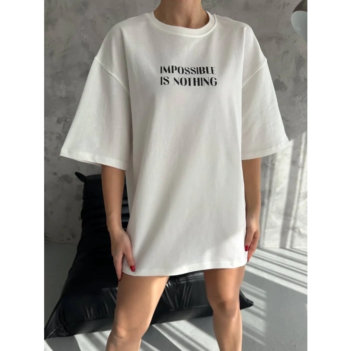 kadın Bisiklet Yaka Baskılı Oversize  Kısa kol T-Shirt - Beyaz