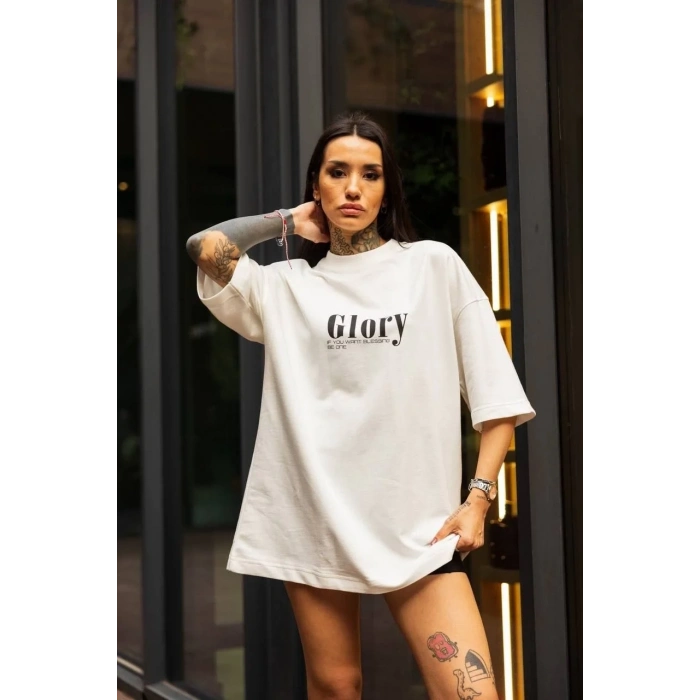 kadın Bisiklet Yaka Baskılı Oversize  Kısa kol T-Shirt - Beyaz