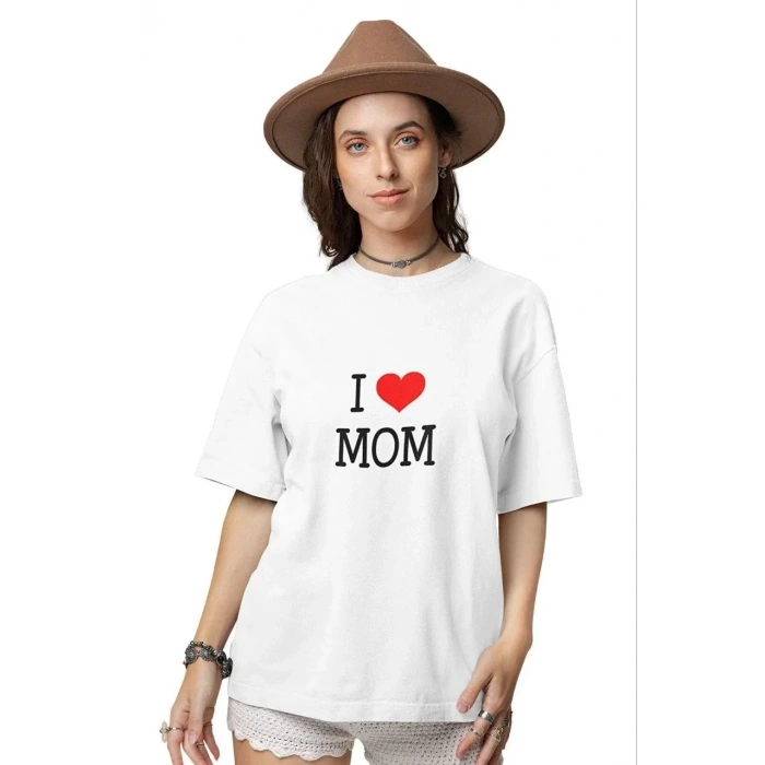 kadın Bisiklet Yaka Baskılı Oversize Kısa kol  T-Shirt - Beyaz