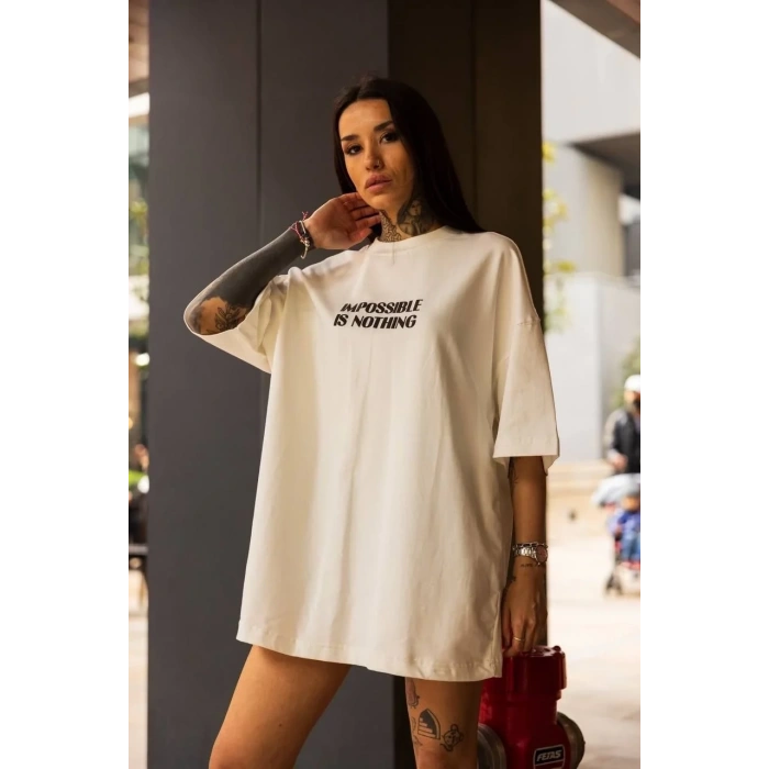 Kadın Bisiklet Yaka Baskılı Oversize  Kısa kol T-Shirt - Beyaz