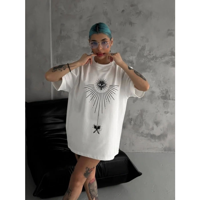 kadın Bisiklet Yaka Baskılı Oversize  Kısa kol T-Shirt - Beyaz