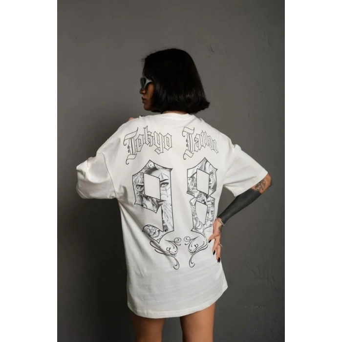 kadın Bisiklet Yaka Baskılı Oversize Kısa kol  T-Shirt - Beyaz