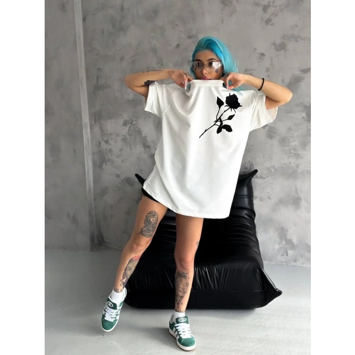 kadın Bisiklet Yaka Baskılı Oversize  Kısa kol T-Shirt - Beyaz