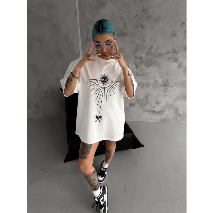 kadın Bisiklet Yaka Baskılı Oversize  Kısa kol T-Shirt - Beyaz