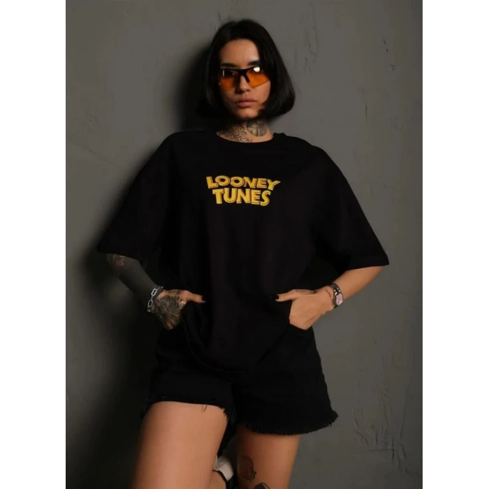 kadın Bisiklet Yaka Baskılı Oversize  Kısa kol T-Shirt - Siyah