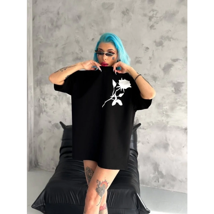kadın Bisiklet Yaka Baskılı Oversize  Kısa kol T-Shirt - Siyah