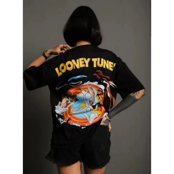 kadın Bisiklet Yaka Baskılı Oversize  Kısa kol T-Shirt - Siyah
