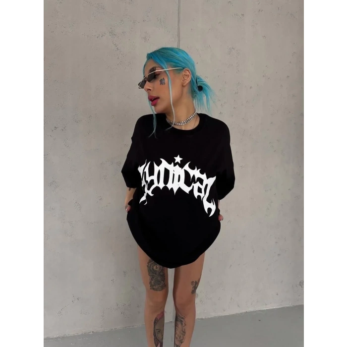 kadın Bisiklet Yaka Baskılı Oversize Kısa kol  T-Shirt - Siyah