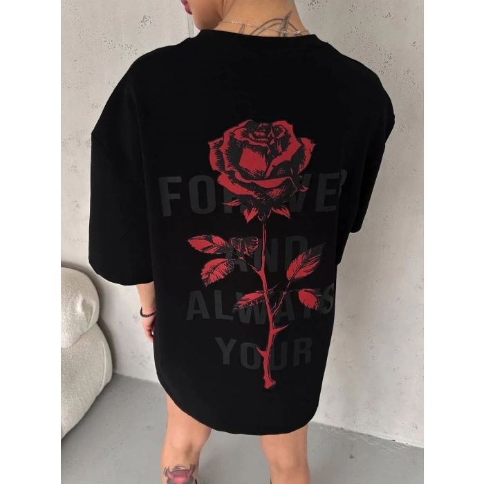 kadın Bisiklet Yaka Baskılı Oversize  Kısa kol T-Shirt - Siyah