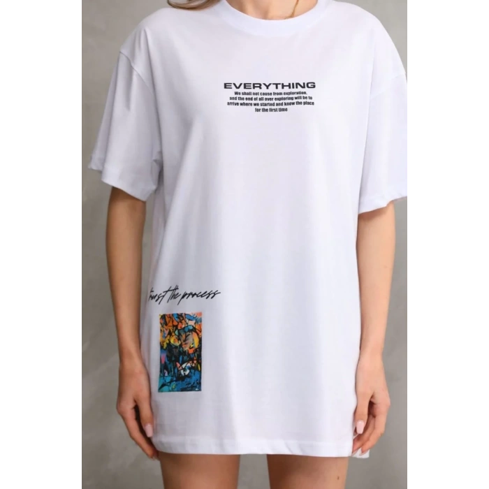 kadın Bisiklet Yaka Baskılı Oversize T-Shirt - Beyaz