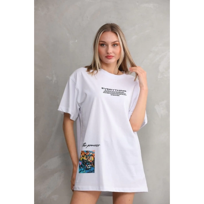 kadın Bisiklet Yaka Baskılı Oversize T-Shirt - Beyaz