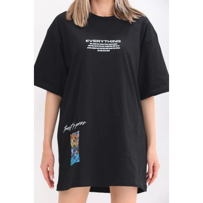 kadın  Bisiklet Yaka Baskılı Oversize T-Shirt - Siyah