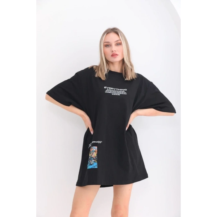 kadın  Bisiklet Yaka Baskılı Oversize T-Shirt - Siyah