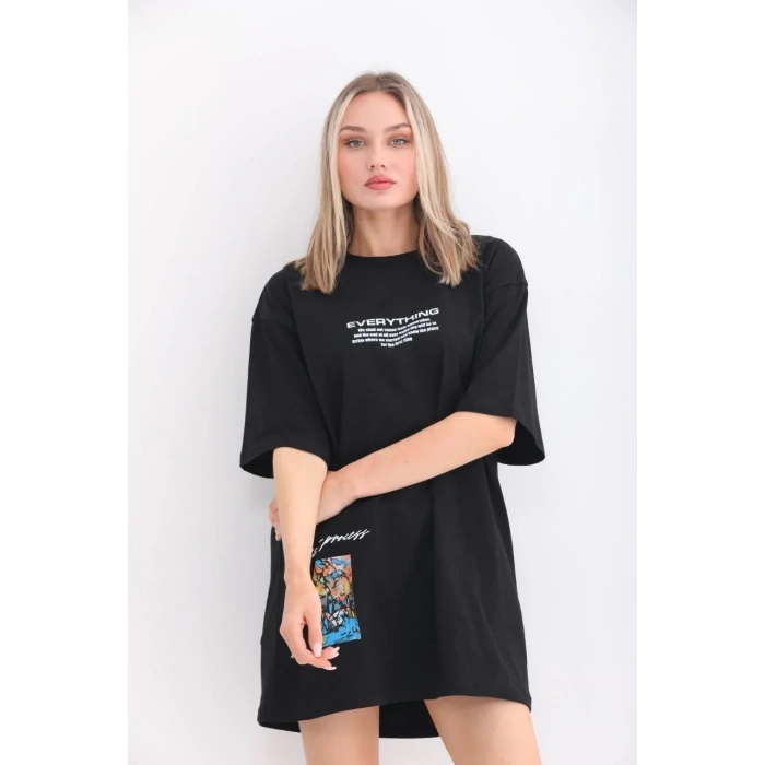 kadın  Bisiklet Yaka Baskılı Oversize T-Shirt - Siyah