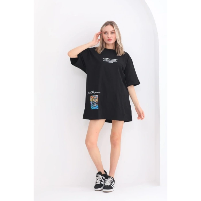 kadın  Bisiklet Yaka Baskılı Oversize T-Shirt - Siyah