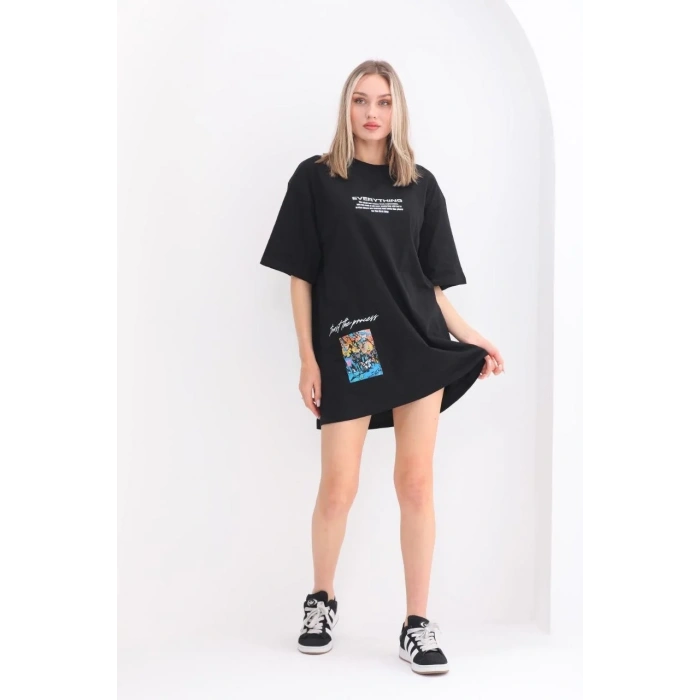 kadın  Bisiklet Yaka Baskılı Oversize T-Shirt - Siyah