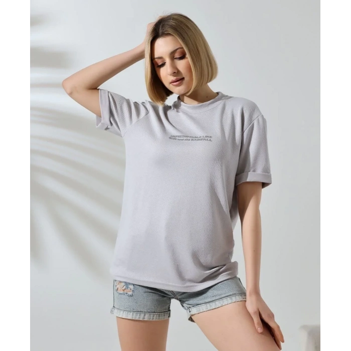 Kadın Bisiklet Yaka Baskılı Slim Fit T-Shirt - Boyalı Gri
