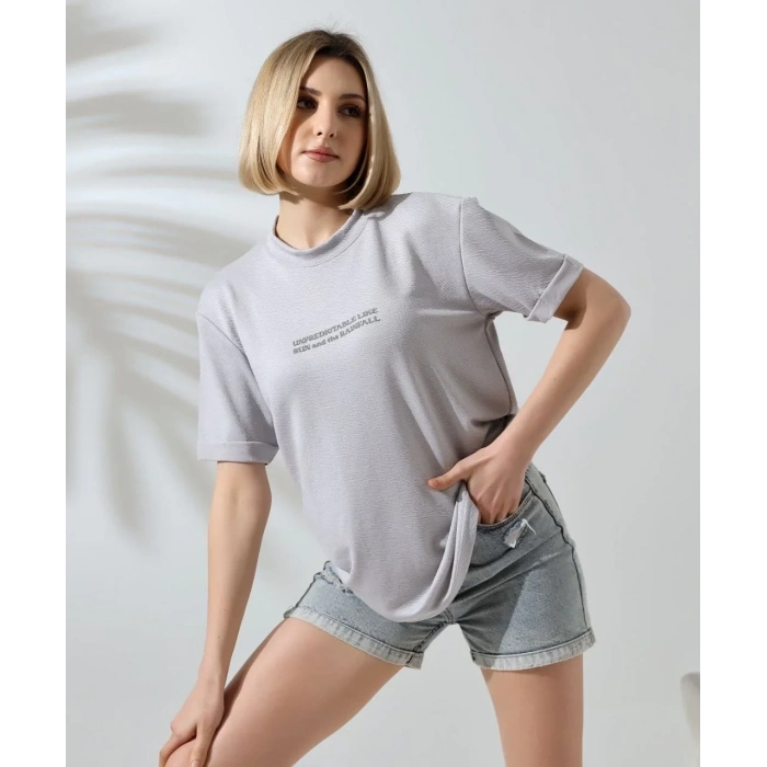Kadın Bisiklet Yaka Baskılı Slim Fit T-Shirt - Boyalı Gri