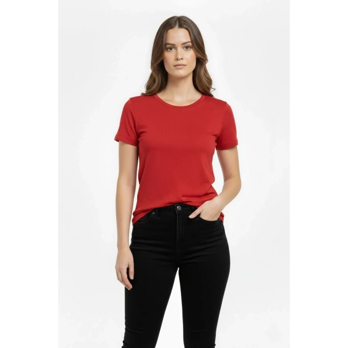 Kadın Bisiklet Yaka Slim Fit Likralı Tişört - Kırmızı