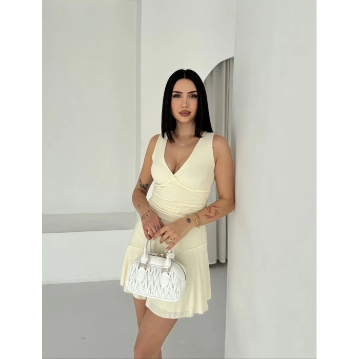 Kadın Derin V Yaka Sırt Dekolteli Mini Elbise Drapeli Şık Kolsuz - Açık Sarı