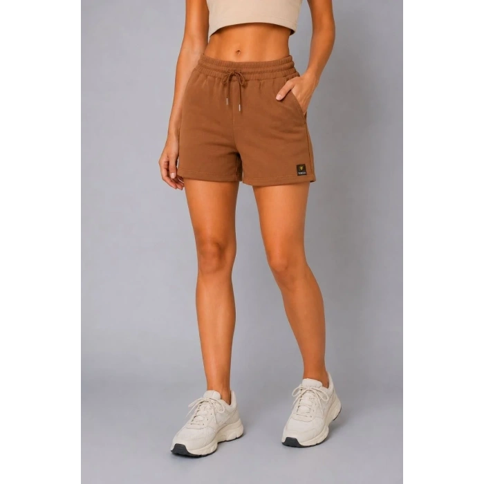 Kadın Dokuma Kumaş Cepli Bağcıklı Regular Fit Yazlık Şort - Kahverengi