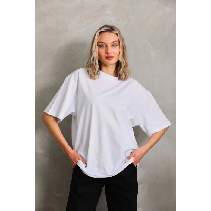 Kadın Düz  Kısa kol Penye T-shirt - Beyaz