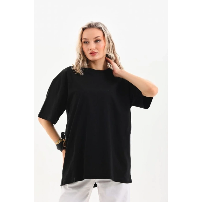 Kadın Düz  Kısa kol Penye T-shirt - Siyah