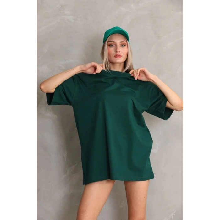 Kadın Düz  Kısa kol Penye T-shirt- Yeşil
