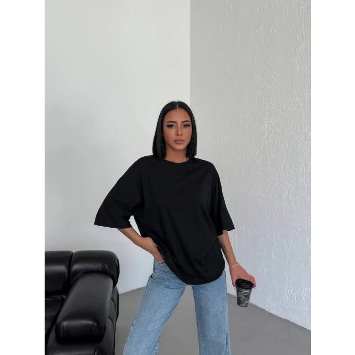 Kadın Düz T-Shirt Kısa Kol Bisiklet Yaka Oversize Tişört - Siyah