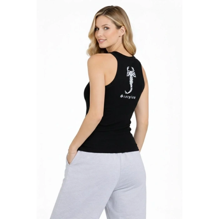 Kadın Fitilli Atlet Sıfır Yaka Slim Fit Arka Baskılı Spor Atlet - Siyah