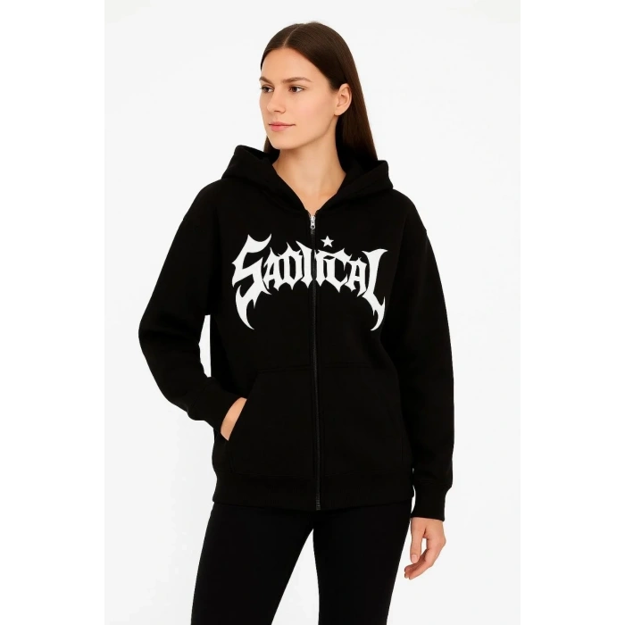 Kadın Kapüşonlu 3 İplik Şardonlu Önü Baskılı Fermuarlı Oversize Sweatshirt - Siyah